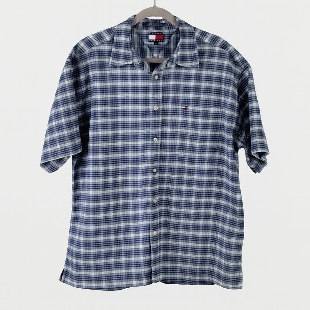 TOMMY HILFIGER MEN'S plaid casual shirt button down blue Size X LARGE